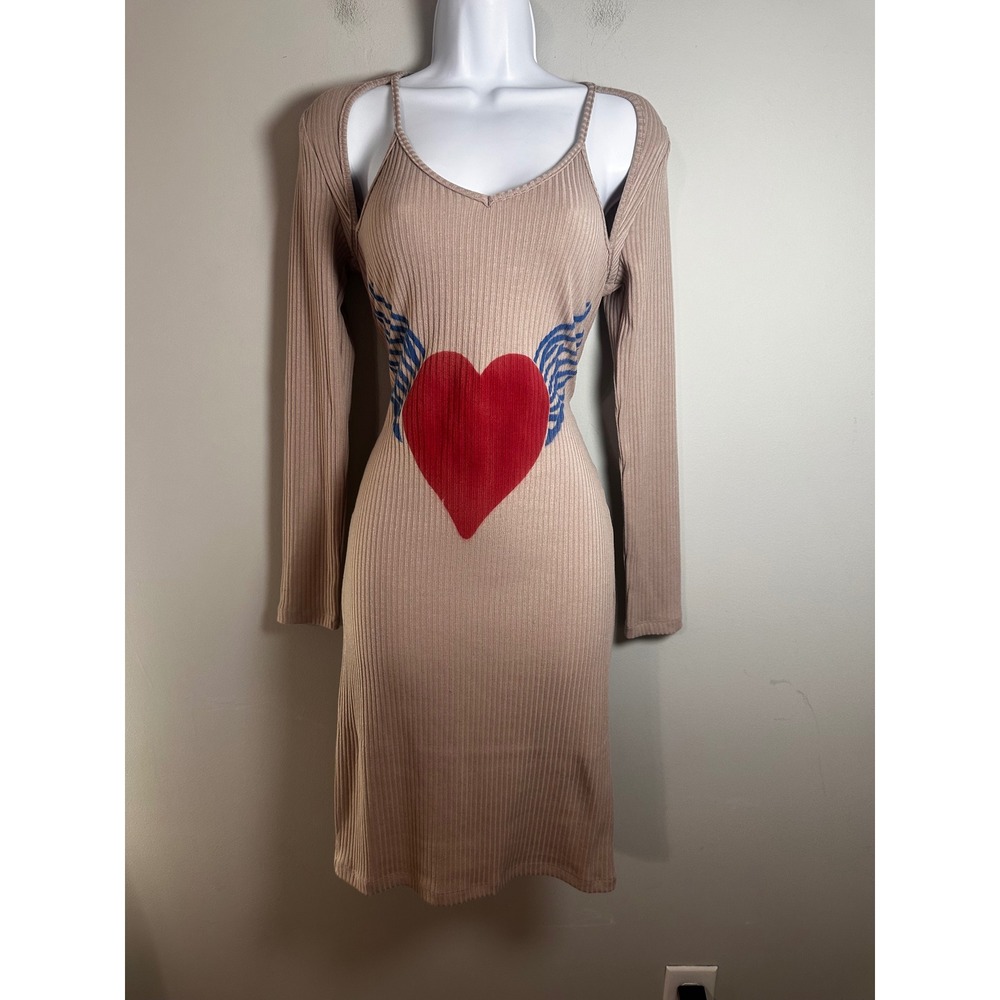Hot Lava Tan Ribbed Knit 2-Piece Bodycon Dress & Shrug Winged Heart‎ Graphic M